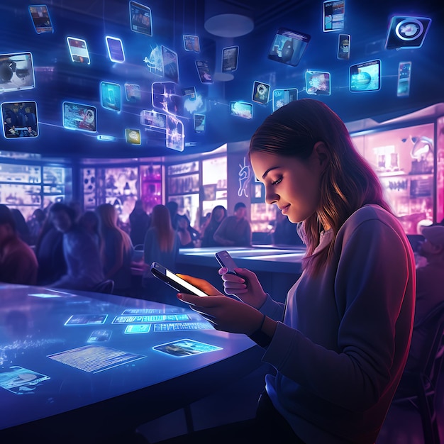 people in a futuristic Bar watching on her smartphone and checking their social media accounts