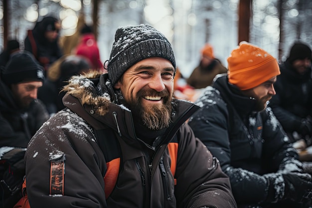 Photo people gather in a snowy landscape with heavy clothes generative ia