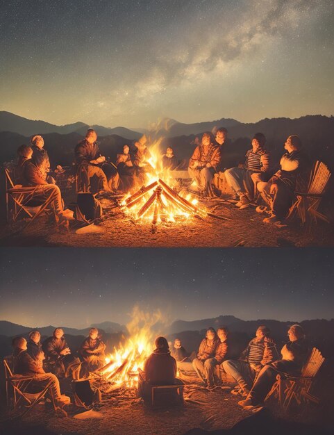 People gathered around a burning bonfire under the starry sky