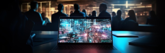 Photo people gathered around table with laptop behind displaying colorful image in conference room meeting