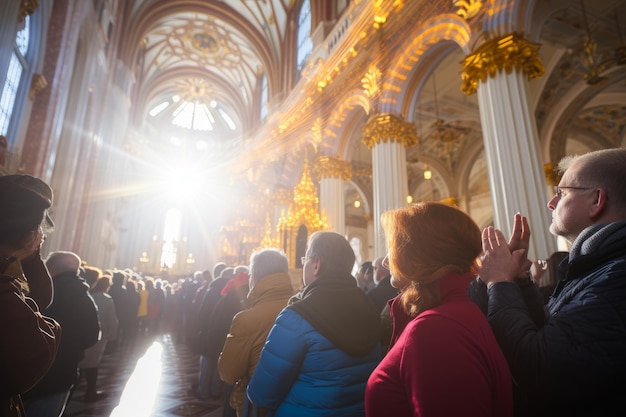 People gathered inside a church with a bright light shining through the stained glass windows