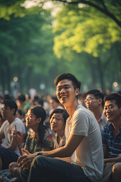 アウトドアコンサートを楽しむために公園に集まった人々