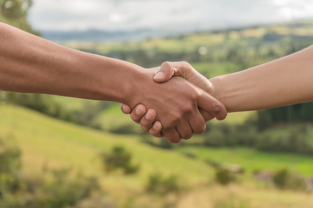 La gente che saluta stringendo le mani nella natura, tramonto della stretta di mano