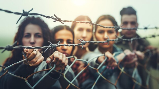 People gripping a barbed wire fence looking through it with determined expressions