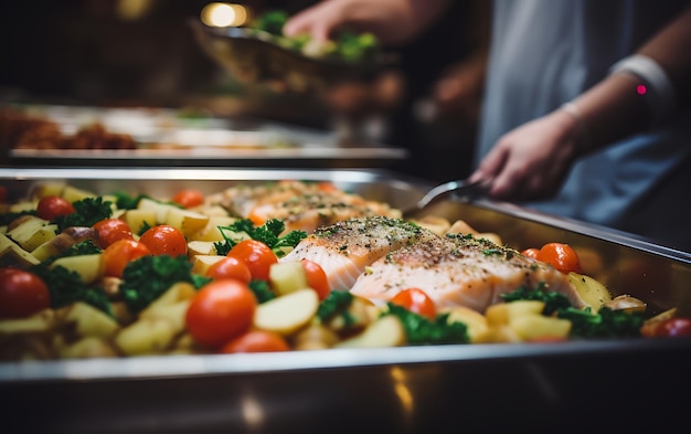 People group catering buffet food indoor in restaurant