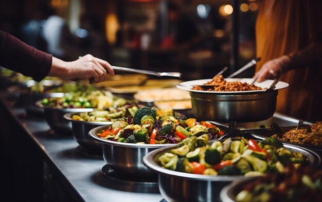 People group catering buffet food indoor in restaurant