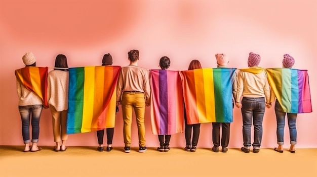 People group holding rainbow flag LGBTQ pride festival concept Generative Ai
