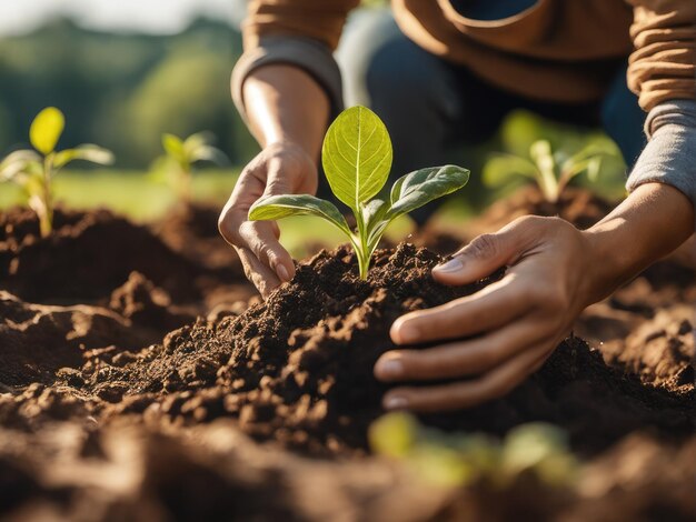 People hand helping plant the tree working together in farm concept save world