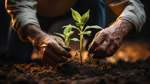 People hand helping plant the tree working together in farm concept