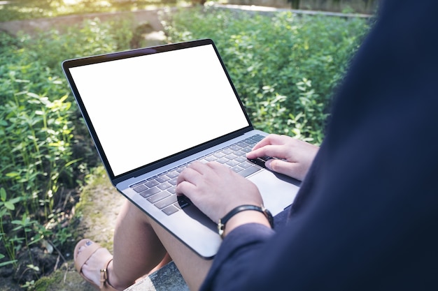 People hand using mockup laptop computer