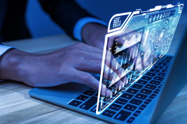 Foto la gente lavora a mano su un computer portatile sulla scrivania con collegamento multimediale globale diagramma di collegamento finanza strategia aziendale rete internet sicurezza investimento concetto di tecnologia digitale e aziendale