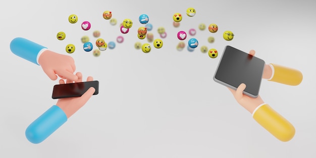 People hands holding smartphone with emotion icons. Media marketing, Social media concept, 3d illustration