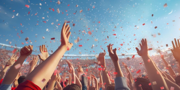 People hands rise up to celebrating party sport winning national event and holiday Generative AI