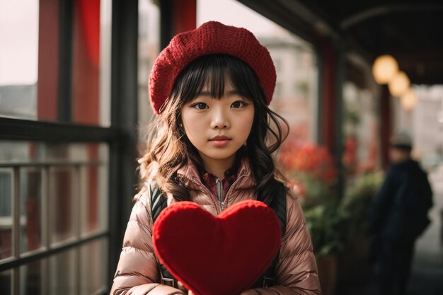 写真 人の幸せの概念 赤い服を着たバラを着た幸せな小さな女の子