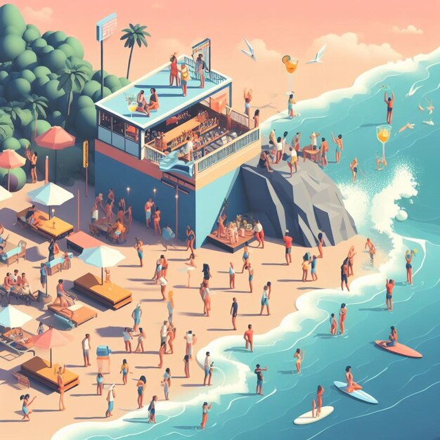 people having fun in the beach isometric view sea waves 3d illustration