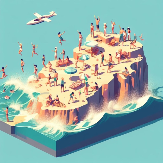 Photo people having fun in the beach isometric view sea waves 3d illustration