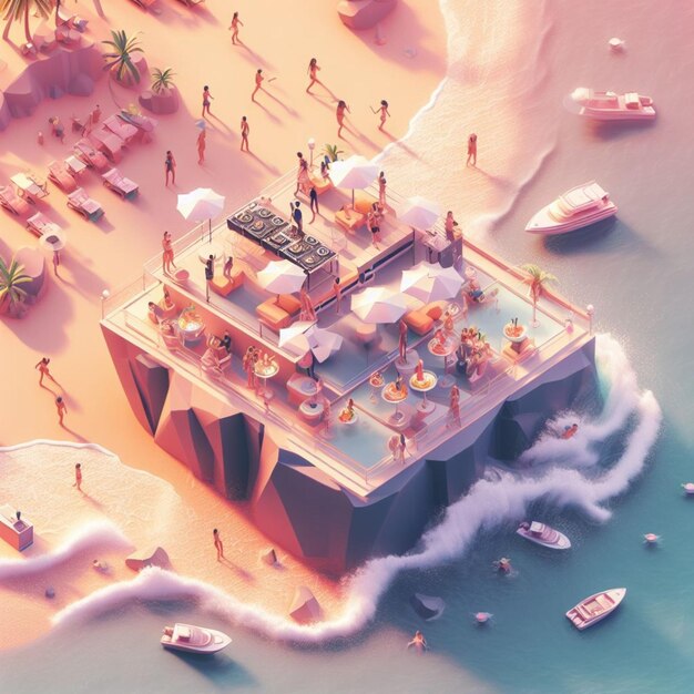 people having fun in the beach isometric view sea waves 3d illustration