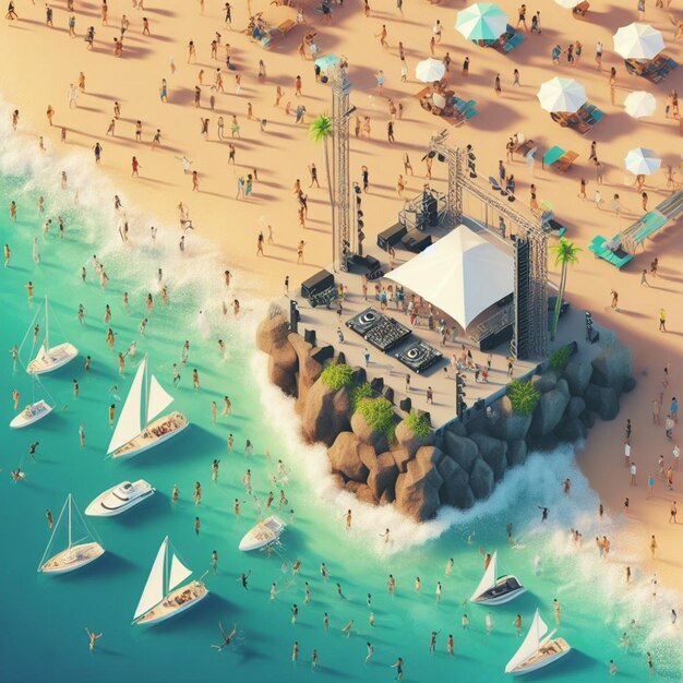 People having fun in the beach isometric view sea waves 3d illustration
