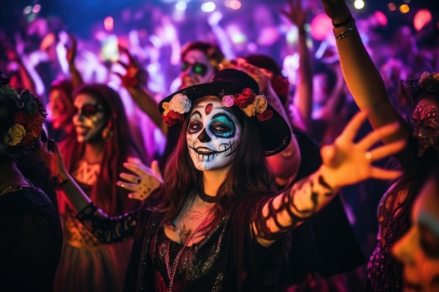 Люди веселятся на вечеринке в честь Хэллоуина Веселые друзья танцуют в костюмах в ночном клубе