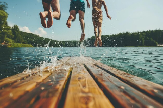 Foto gente che si diverte a saltare in un lago da un molo di legno durante l'estate