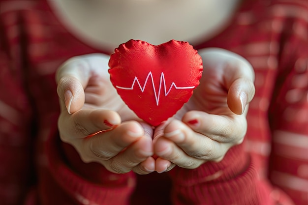 女性の健康コンセプト クローズアップ 赤い心臓と心拍を示すカップの手