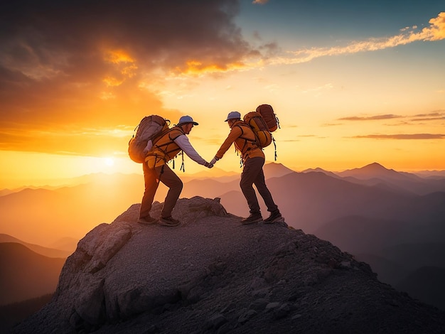 People helping each other up a mountain moment of sunrise Adventure taking risks and teamwork