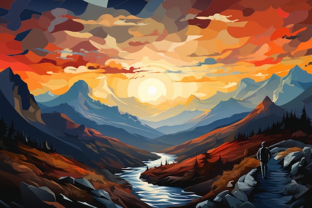 산을 하이킹하는 사람들 아름다운 풍경 추상 현대 디지털 다채로운 예술