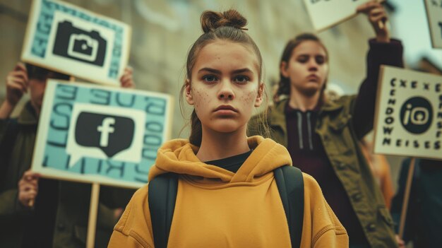 People hold a cardboard cutout in front of their face each cutout has a social media icon on it