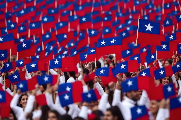 Photo people hold flags in a crowd at a rally.