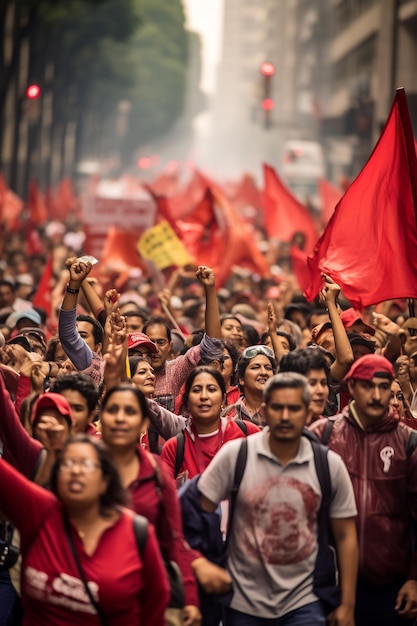 people hold red flags and shout slogans in a protest