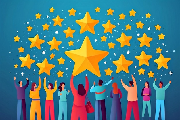 People hold stars above their heads Feedback Consumer or Customer Review Evaluation Satisfaction