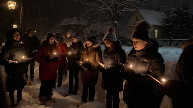 People holding candles in the snow