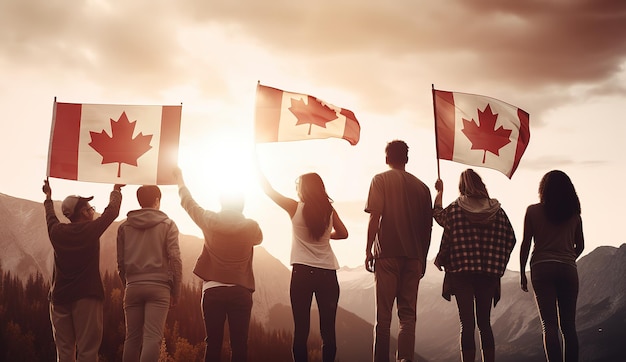 People holding flags with the canadian flag in the background