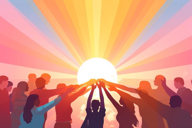 people holding hands in front of a sun with a sky background generative ai