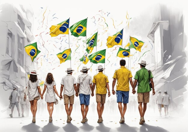 브라질 독립기념일 깃발과 불꽃놀이를 배경으로 축하하는 파티에서 손을 잡고 있는 사람들