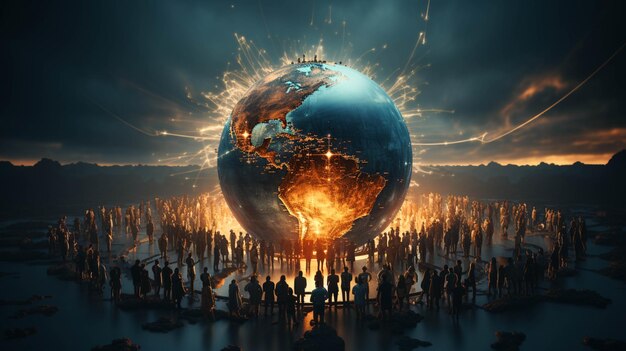 People holding hands stand in a circle globe concept