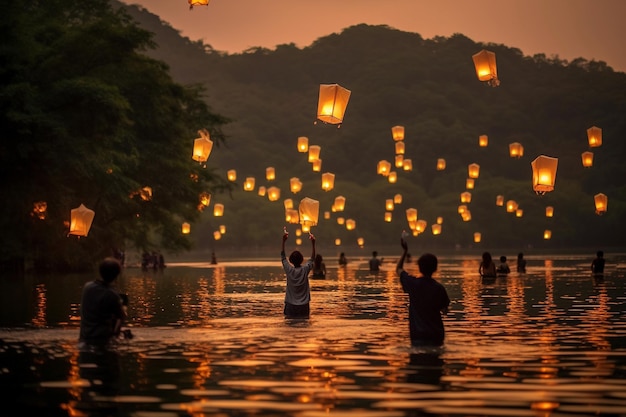 People holding lanterns floating in the water at sunset