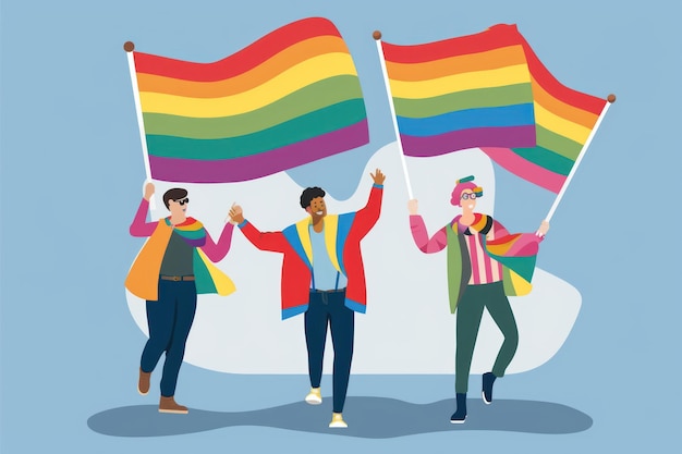 Photo people holding lgbtq flags vector style