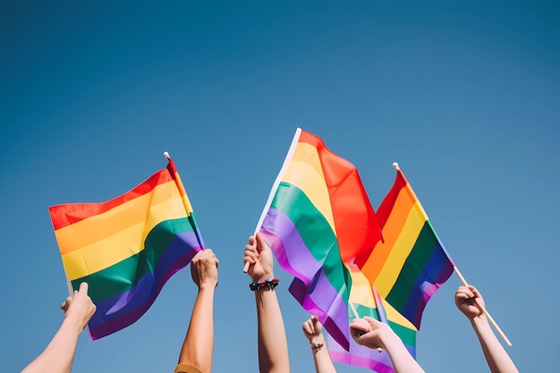 People holding rainbow flags in the air