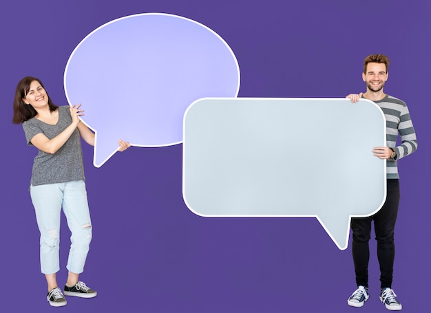 People holding speech bubble icons