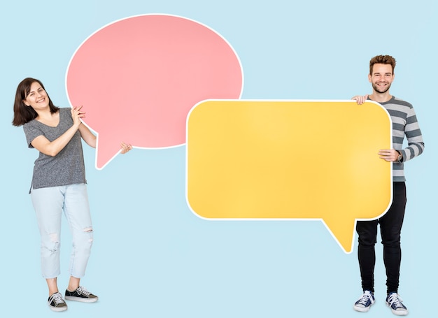 Photo people holding speech bubble icons