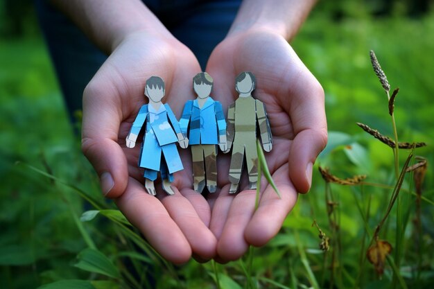 People holding together in hands cute paper family