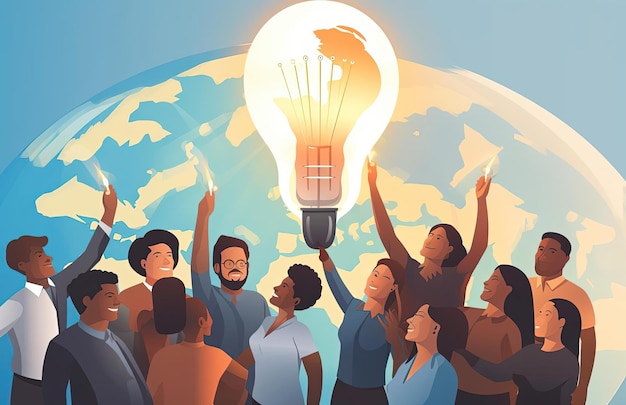 people holding up an idea lightbulb in a flat style in the of colorful animation stills