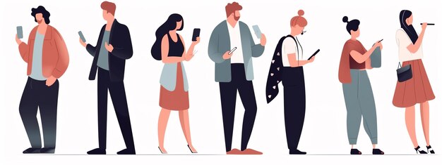 People holding using mobile phones set Characters with smartphones in hands Men women use cellphones surfing internet chatting Flat graphic vector illustrations