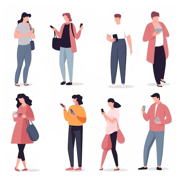 People holding using mobile phones set Characters with smartphones in hands Men women use cellphones surfing internet chatting Flat graphic vector illustrations