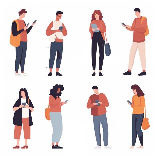 People holding using mobile phones set Characters with smartphones in hands Men women use cellphones surfing internet chatting Flat graphic vector illustrations