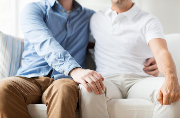 people, homosexuality, same-sex marriage, attraction and love concept - close up of happy male gay couple hugging at home