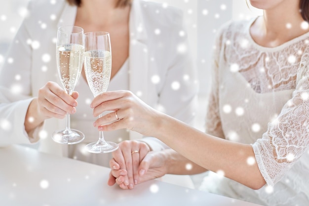 people, homosexuality, same-sex marriage, celebration and love concept - close up of happy married lesbian couple hands holding and clinking champagne glasses over snow effect