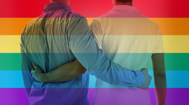 Photo people, homosexuality, same-sex marriage, gay and love concept - close up of happy male gay couple hugging from back over rainbow flag stripes background