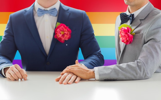 사람, 동성애, 동성 결혼, 사랑 개념 - 단추구멍과 나비 넥타이가 있는 정장을 입은 행복한 결혼한 남성 게이 커플이 무지개 깃발 배경에서 결혼식에 손을 잡고 있습니다.